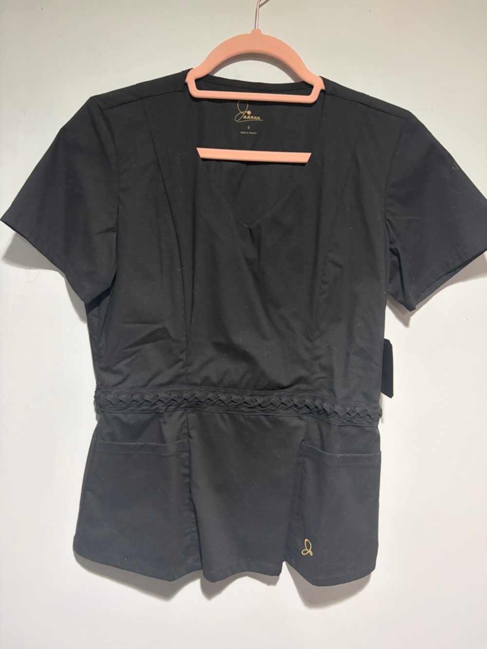 Jaanuu Black Short Sleeve Scrub Top with Braided Waist